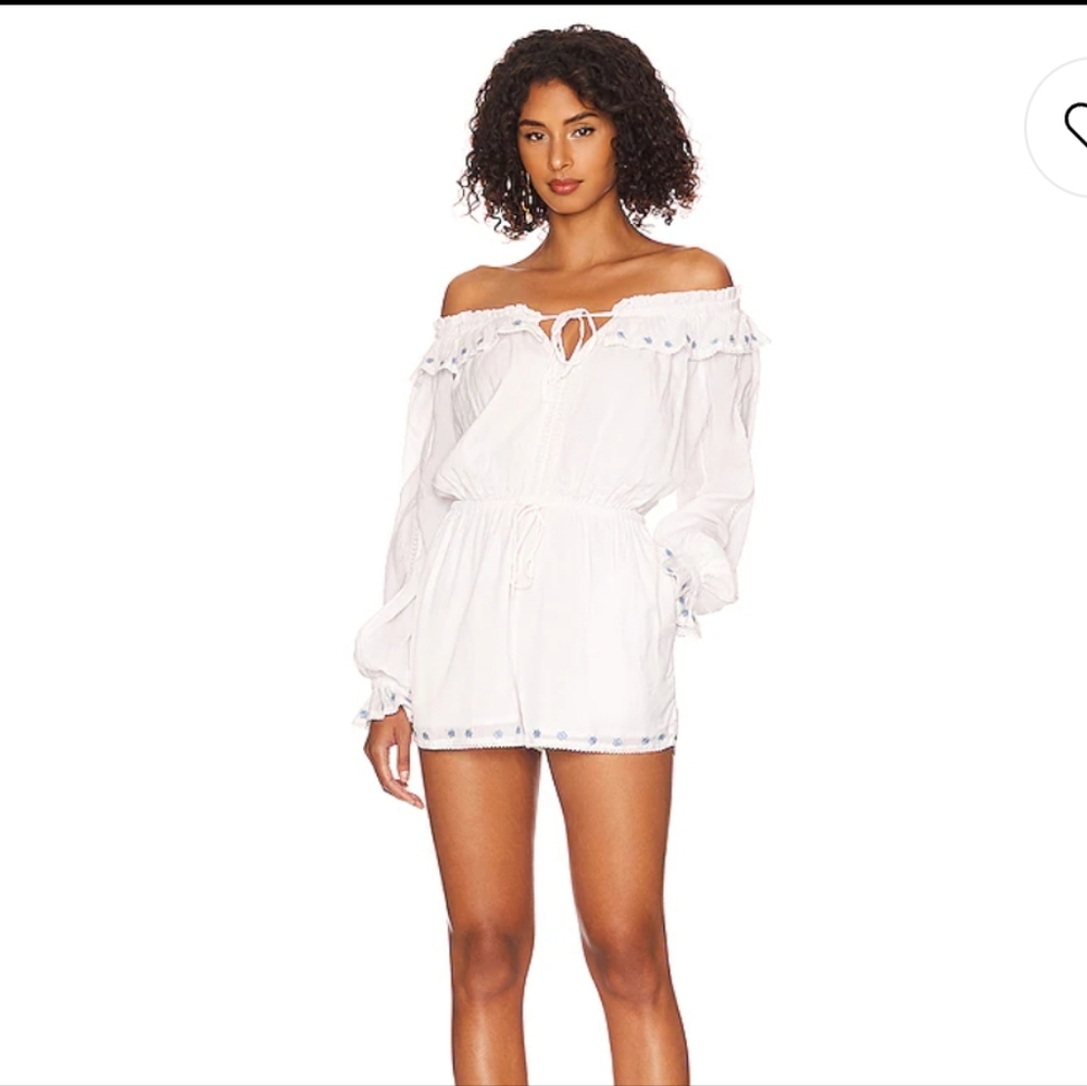 Tularosa Brianna Over-The-Shoulder Long-Sleeve Embroidered Romper White NWOT M